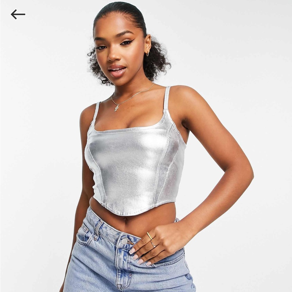 Bershka ‘Metallic Coated Denim Corset Crop Top